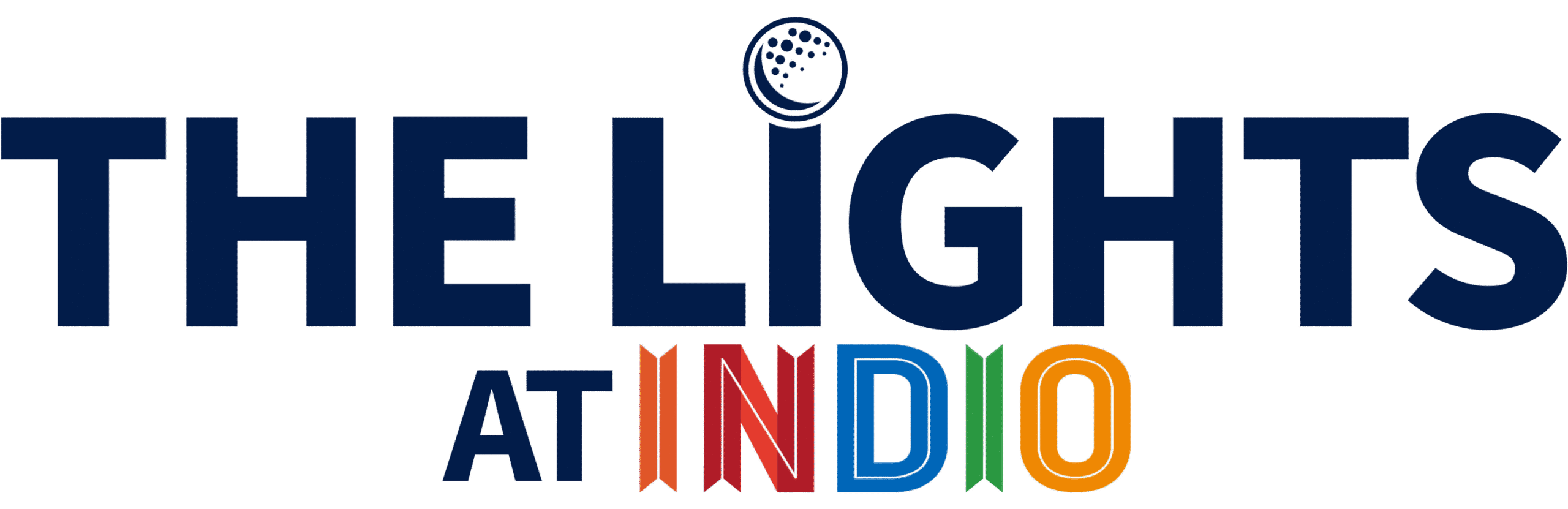 Logo for The Lights at Indio featuring bold text in blue, orange, red, and green colors.