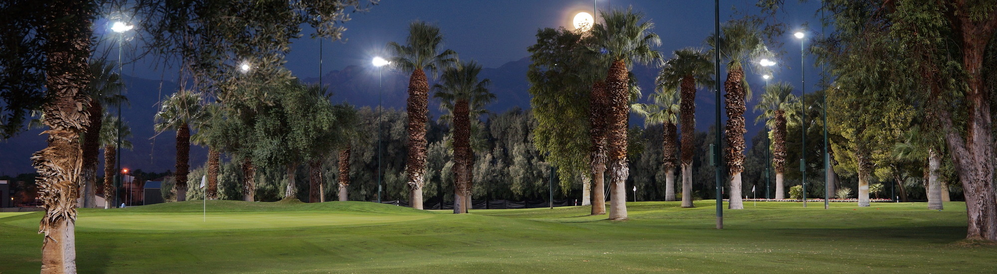 Illuminated golf course at night with palm trees and a full moon in the background.